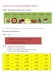 English worksheet: What do you have for breakfast? BINGO