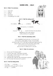 English Worksheet: Barbie Girl - Aqua  song listening worksheet