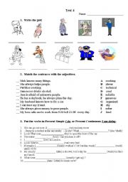 English worksheet: Jobs, Adjectives, Present Simple/Continuous