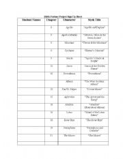 English worksheet: Greek Mythology Project Sign Up Sheet