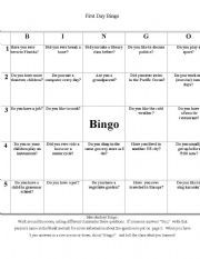 English Worksheet: First Day Getting-to-Know-You Bingo