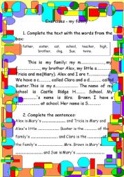 English Worksheet: Exercises-my family