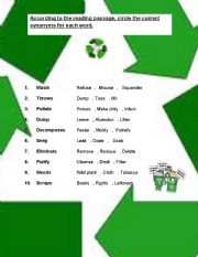 English Worksheet: recyle.find the synonyms.