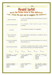 English Worksheet: > Phrasal Verbs Practice 49! > --*-- Definitions + Exercise --*-- BW Included --*-- Fully Editable With Key!