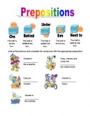 English Worksheet: Prepositions with Donald Duck, color and b/w
