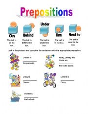 Prepositions with Donald Duck, color and b/w