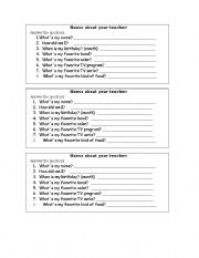 English Worksheet: Guess about your teacher - Ice breaker game