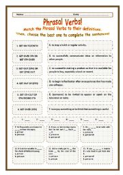 English Worksheet: > Phrasal Verbs Practice 50! > --*-- Definitions + Exercise --*-- BW Included --*-- Fully Editable With Key!