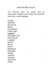 English worksheet: Uncountable Nouns