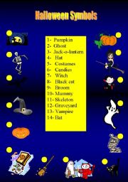 English Worksheet: Halloween Symbols - A pictionary, a short read and questions - 3 pages -editable