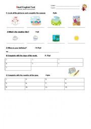 English Worksheet: short test on weather seasons months & days