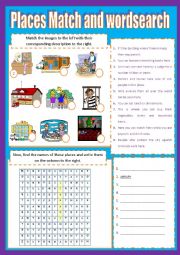 English Worksheet: places in town - match/wordsearch