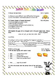 English Worksheet: Initial Test -6th Grade