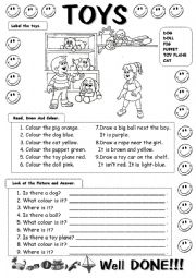 English Worksheet: TOYS: Read, colour, draw ans answer.