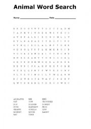 English Worksheet: animal word search