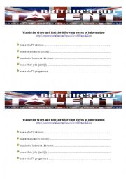 English Worksheet: Britains Got Talent!!