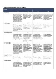 English Worksheet: Definition Paragraph Rubric