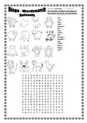 English Worksheet: Bingo - Wordsearch - Animals