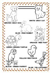 English Worksheet: Animals and colors 