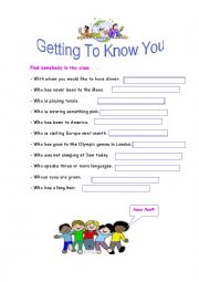 English Worksheet: getting to know you game