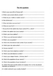 English Worksheet: The 100 questions-Introducing oneself