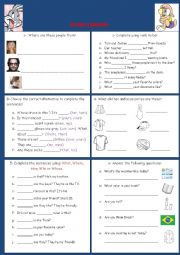 English Worksheet: Review Exercises on: Wh- words, possessive adjectives and possessive pronouns, clothes and verb to be 