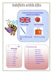 English Worksheet: Indefinite Artcile