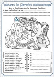 English Worksheet: Whats in the Sarahs schoolbag?