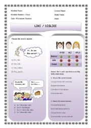 English Worksheet: likes and dislikes