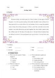 English Worksheet: reading -- family