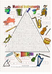 English Worksheet: Musical Instruments - Wordsearch