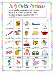 English Worksheet: Indefinite Articles - A, An, no article