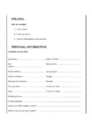 English Worksheet: Spelling and Personal INFO [BASIC]