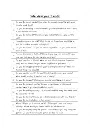 English Worksheet: Question list for students to interview each other
