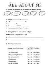 English Worksheet: All about me worksheet