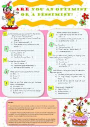 English Worksheet: ARE YOU AN OPTIMIST OR A PESSIMIST? - psychological test