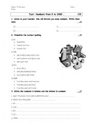 English Worksheet: Test numbers from 0 to 1000