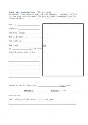 English Worksheet: Free Reading Book Recommendation Form