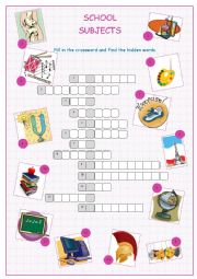 English Worksheet: School Subjects Crossword Puzzle