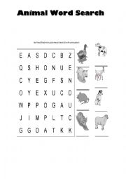 English Worksheet: animal word search