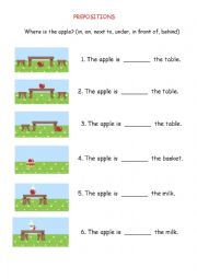 English Worksheet: Prepositions - Apple & Dog