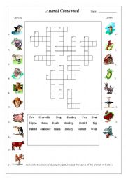 English Worksheet: Animal Crossword