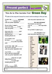 English Worksheet:  Present perfect by Wake Me Up When September Ends song