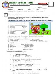 English Worksheet: Test on Prepositions, comparatives, superlatives, and past simple: verb to be, reading