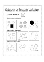 English Worksheet: Categorize by shape, size and colour.