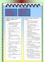 English Worksheet: Too & Enough (with adjectives and adverbs)
