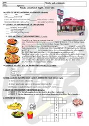 English Worksheet: test about food and past simple. pizza hut restaurant. fast food song. 5 skills tested