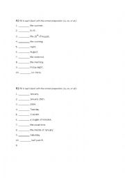 English Worksheet: prepositions of time - test