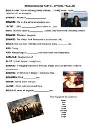 English Worksheet: BREAKING DAWN PART 2 - WATCH THE TRAILLER AND FILL IN THE BLANKS