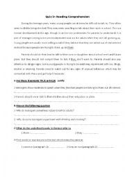English Worksheet: Comprehension Quiz in English for intermediate students